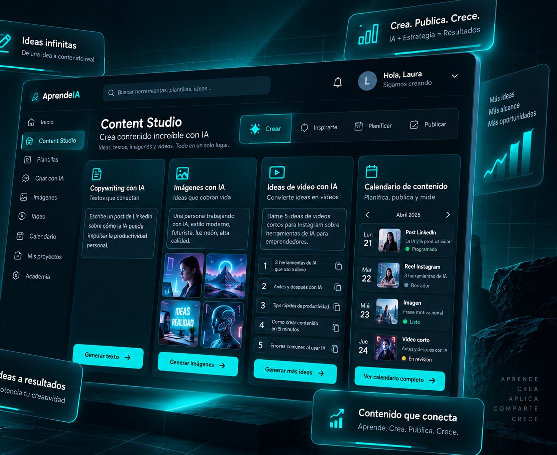 Content Studio de AprendeIA: copywriting, imágenes, ideas de video y calendario editorial