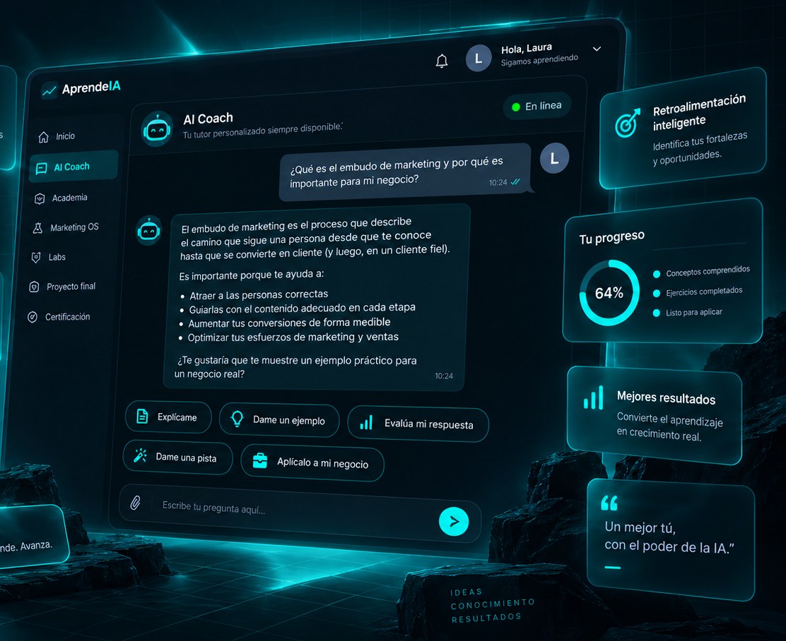 AI Coach de AprendeIA respondiendo una pregunta sobre embudo de marketing