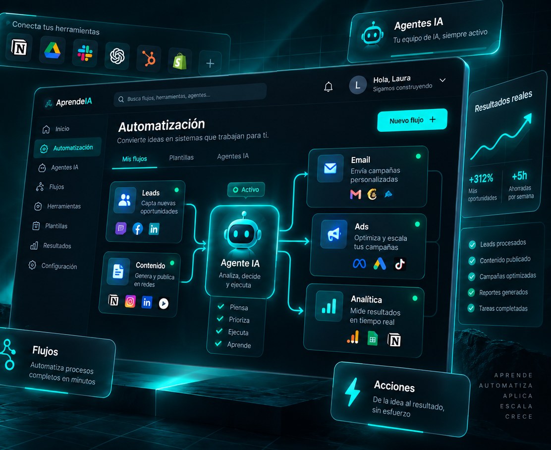 Panel de automatización de AprendeIA con flujos, agentes IA y herramientas conectadas