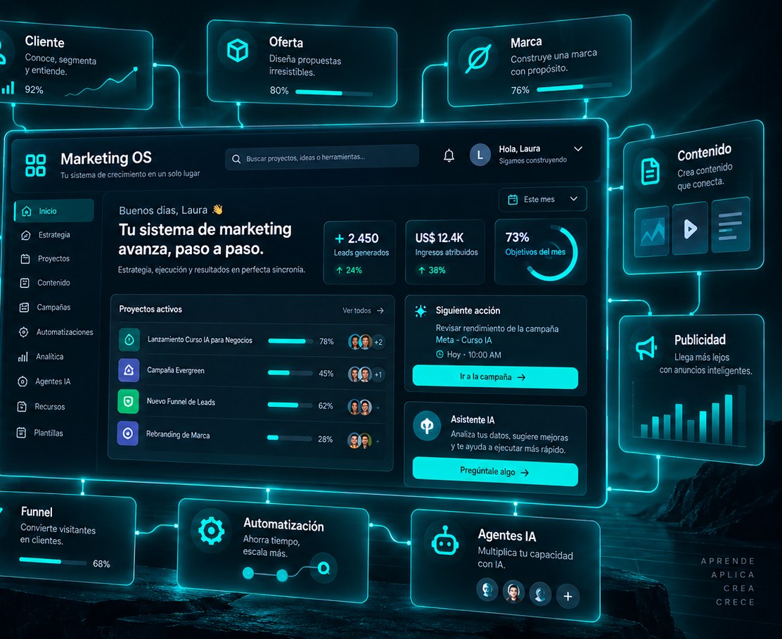 Marketing OS de AprendeIA con estrategia, proyectos, campañas y analítica
